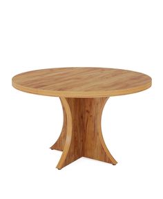 a round wooden table sitting on top of a white floor