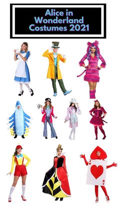 an advertisement for the alice in wonderland costumes 2011 movie, with many different costumes on it