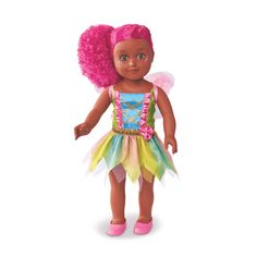 a doll with pink hair wearing a rainbow dress and butterfly wings on it's head