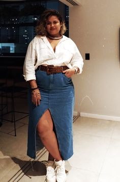 Denim Midi Skirt Outfit Plus Size, Plus Size Long Denim Skirt Outfits, Plus Size 2024 Outfits, Plus Size Jean Skirt Outfits, Midsize Modest, Jean Skirt Outfits Plus Size, Size 16 Women Outfits, Modest Fashion Plus Size, Korean Plus Size Fashion