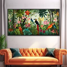 an orange couch in front of a painting on the wall above it is a tropical scene with toucats and birds