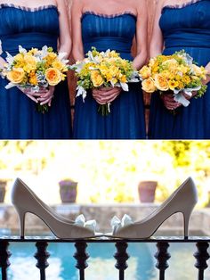 the bridesmaids in blue dresses are holding bouquets with yellow and white flowers