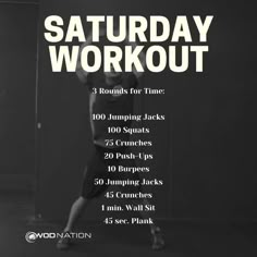 a woman standing in front of a wall with the words saturday workout