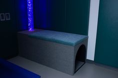 a dog house with a blue light in the corner and a cat bed on the floor