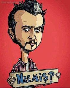 a drawing of a man holding a sign that says nemis? with the word nemus on it