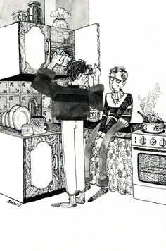 a man sitting in front of an oven next to a woman