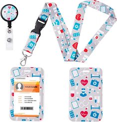 lanyard, id card holder and lanyard clip with medical symbols on white background