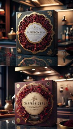 the packaging design for saffron seal is shown in three different angles, including red and gold