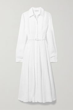 Gabriela Hearst's 'Dewi' shirt dress looks chic with little styling needed - just slip on strappy sandals and one of the label's bags before heading to the office or brunch. Made from breathable linen, it has a smart collar and raised seams that trace the skirt. The slim, coordinating belt further defines the nipped-in waist. Timeless White Spring Dresses, Timeless White Dress For Work, Timeless Spring Midi Dress, Designer Spring Midi Dress For Work, Elegant White Shirt Dress For Daywear, White Shirt Dress For Spring Formal, Classic White Shirt Dress For Spring, White Shirt Dress For Spring Formal Occasions, White Formal Shirt Dress For Summer