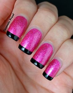 Pink Nails With Black Tips, Pink French Mani, Nails With Black Tips, Nail Designs Hot Pink, Acrylic Nail Designs Classy, Nails With Black, Black Tips