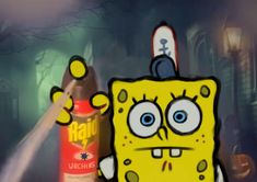 an animated spongebob character holding a spray bottle in front of a spooky background