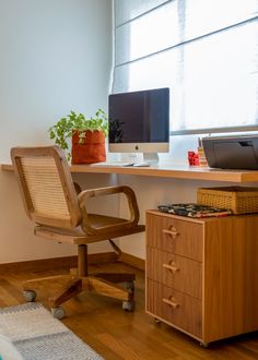 an office desk with a computer on top of it and a plant in the corner