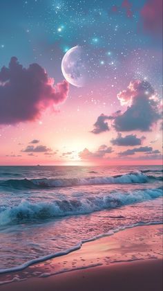 the sky is filled with stars and clouds as the sun sets over the ocean on a cloudy day