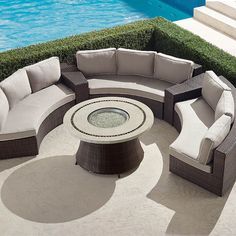 Often imitated, our exceptional Pasadena II Modular Collection creates an inviting open-air chat room that can easily be arranged (and rearranged) to accommodate your unique outdoor space. Strands of all-weather, high-density polyethylene wicker are handwoven over a powdercoated aluminum frame to create outdoor seating that will look great for years to come and resist rust - even in harsher climates. Included cushions are upholstered in 100% solution-dyed acrylic fabric and have mesh bottoms for Unique Outdoor Spaces, Clearance Outdoor Furniture, Modular Unit, Burner Covers, Furniture Placement, Outdoor Cover, Fire Glass, Neutral Shades, Fire Table