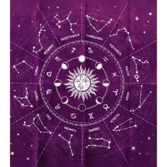 an astro wheel with the zodiac signs and their names in white on a purple background