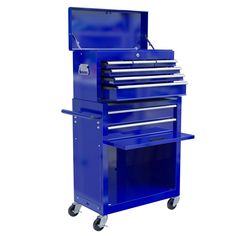 a blue tool cabinet with drawers on wheels