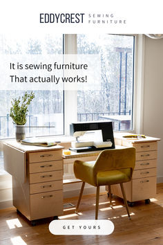 a desk with a chair and computer on it in front of a window that reads, eddycrest furniture it is sewing furniture that actually works get yours