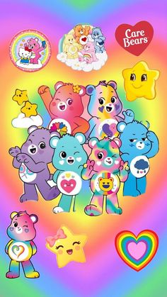 the care bears poster has many different colors and designs on it's back side