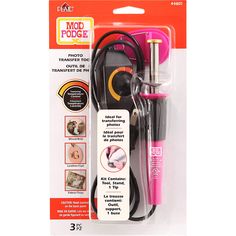 the kit includes an electric soldering tool, and a pink cord with black tips