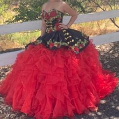 Charro Style Two Piece Quinceaera Dress Two Piece Quinceanera Dresses, Quinceanera Dresses Red, Quince Ideas, Dresses Red, Quinceanera Dresses, Quince, Quinceanera, Sweet 16, Black Red