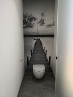 a white toilet sitting on top of a wooden pier