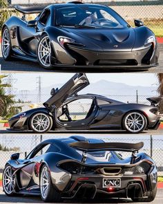 three different views of a black sports car