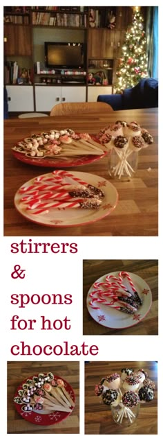 there are three plates with spoons and spoons for hot chocolate on them in front of a christmas tree