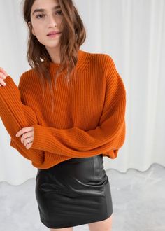 Model front image of Stories wool blend rib knit sweater in orange High Waisted Leather Skirt, Rib Knit Sweater, Pullovers Outfit, Orange Sweater, Casual Skirt Outfits, Orange Sweaters