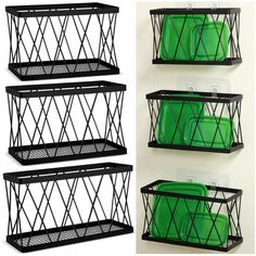 three black wire baskets with green plastic containers on the bottom, and one is hanging from the wall