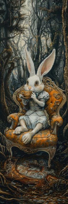 a painting of a white rabbit sitting on an orange chair in a forest with trees