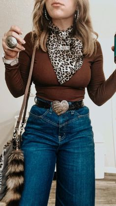 Western Cheetah Outfit, Western Outfits Women Nashville, The American Rodeo Outfits, Western Turtleneck Outfit, Nfr Inspired Outfits, Pearl Snap Outfit Women, Western Outfits With Wild Rags, Western Bar Outfit Winter, Feminine Western Fashion