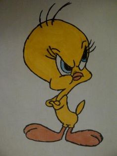 a drawing of a yellow bird with blue eyes