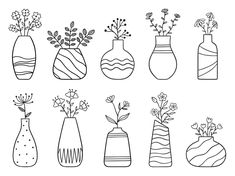 six vases with different designs and flowers in them