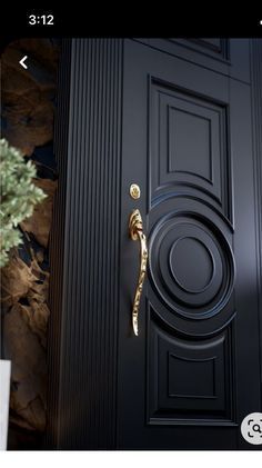 a black door with a gold handle on it and a potted plant next to it