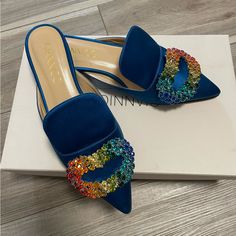 Never Worn. New With Original Box. Very Beautiful Shoes. Blue Luxury Low Heel Heels, Luxury Blue Low Heel Heels, Blue Flat Heels For Party, Blue Slip-on Party Heels, Blue Slip-on Heels For Party, Leather Moccasins Diy, Snakeskin Ankle Boots, Winter Duck Boots, Women's Lace Up Boots