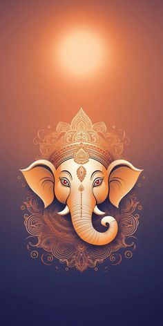 an elephant with a crown on its head in front of a bright sun and blue background