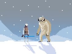 a pixel art image of a man and a polar bear in the snow, with one being chased by another