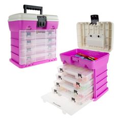 a pink plastic tool box with drawers and tools in the bottom section, on top of another case