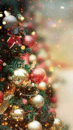 a christmas tree with ornaments and lights on it's branches in front of a blurry background