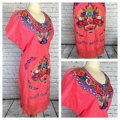 Mexican Embroidered Tropical Bright Bold Coral Floral Caftan Shift Oaxacan Peasant Boho Hippie Dress Size Xl Nwot New Without Tags Never Worn No Flaws Midi To Knee Length Depending On Height Ties In Back Or Front - Accents Waist Embroidery Displays Several Bright Bold Colors Shift Dress Kimono Wide Sleeves V Neck - Small Corset Tie Up Closure In Front Pullover Dress 2 Slits On The Side - 8 Inches Beautiful Lace Like Detail On Bottom Hem No Fabric Tag- The Size Tag Is A Sticker. Measurements: Bus Small Corset, Boho Hippie Dress, Dress Kimono, Hippie Dress, Hippie Dresses, Dress Xl, Kimono Dress, Fabric Tags, Wide Sleeves