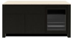 a black cabinet with two doors and an open door on the front, is shown against a white background