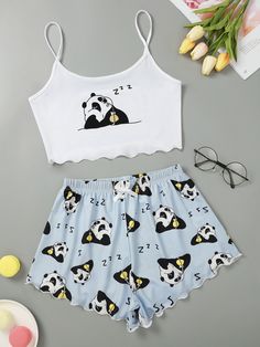 Multicolor Cute  Sleeveless Polyester Cartoon,Letter Short Sets Embellished Slight Stretch  Women Sleep & Lounge Sleepwear Ideas, Wife Outfits, Pijamas Women, Summer Loungewear, Pj Party, Pajama Fashion, Bed Time, Cute Pajamas, Crop Top And Shorts