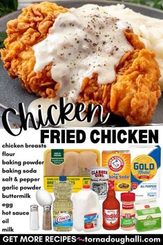 chicken fried in gravy and sauce on a plate with the words, get more recipes