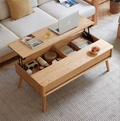 SPACIOUS STORAGE SPACE: For other coffee tables, you may suffer from not having enough storage space. But this one has a hidden compartment beneath the top, you can store your often-used items and keeping them away from dirt. You can also put your remote controllers, books, snacks in the side drawers. LIFT-TOP DESIGN: Wood Lift Top Coffee Table, Natural Living Room, Coffee Table With Drawers, Apartment Diy, Apartment Balcony, Lift Top Coffee Table, Small Balcony Ideas, Apartment Balcony Decorating, Solid Wood Coffee Table