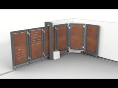 a room divider with four panels on each side and two doors open to reveal information