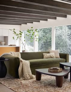 a living room with green couches and pillows on the carpeted floor, along with large windows that look out onto trees