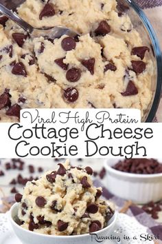 an image of cottage cheese cookie dough with chocolate chips in the middle and on top