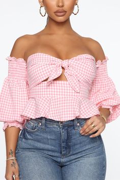 Mode Rose, Plaid Sleeve, Patchwork Print, Fashion Nova Tops, Off Shoulder Top, Pink Plaid, Plaid Tops, Pink Blouse, Off Shoulder Tops