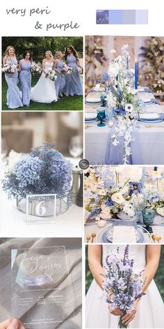 the color scheme for this wedding is blue and white, with purple flowers on it