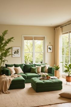 a living room filled with lots of green furniture and pillows on top of a rug